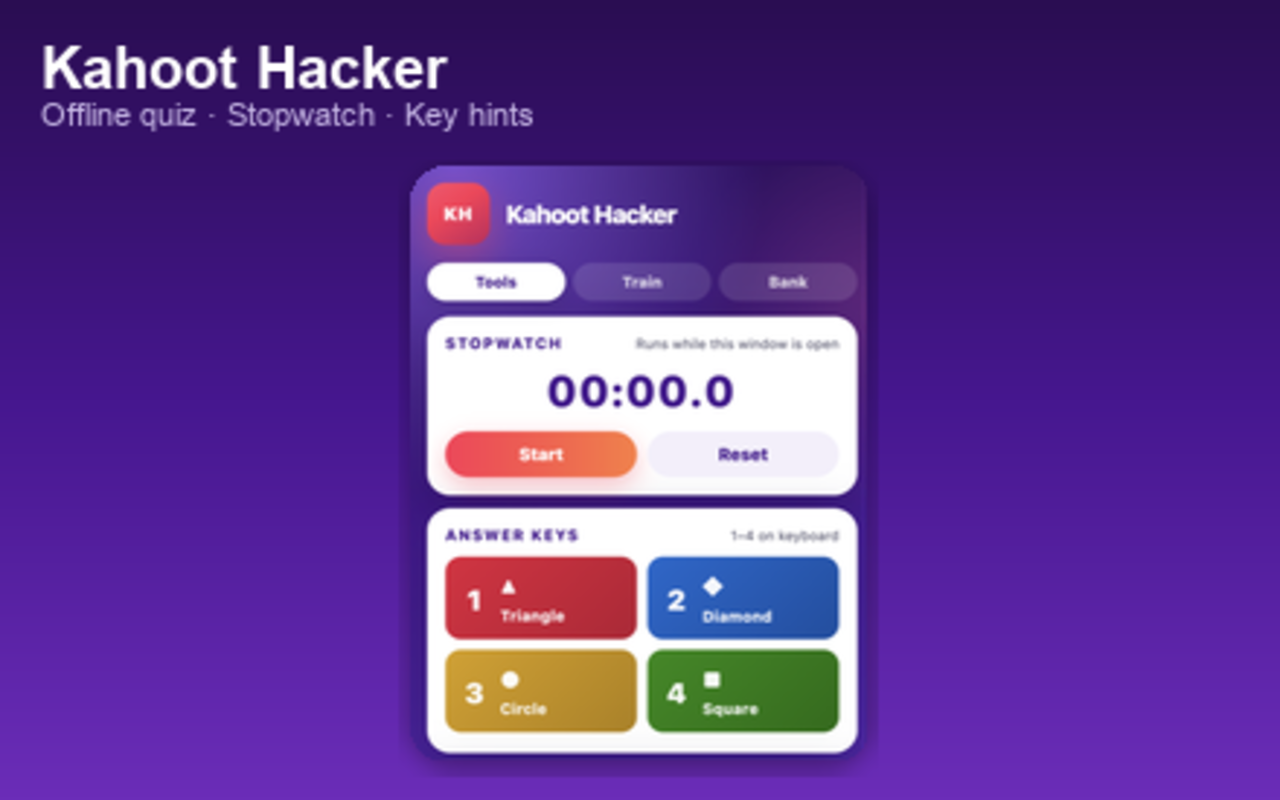 Kahoot Hacker extension popup: Tools, Train, and Bank tabs